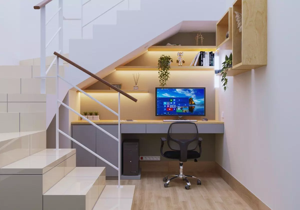 Ide desain ruang kerja warna krem di bawah tangga Ide desain ruang kerja warna krem di bawah tangga