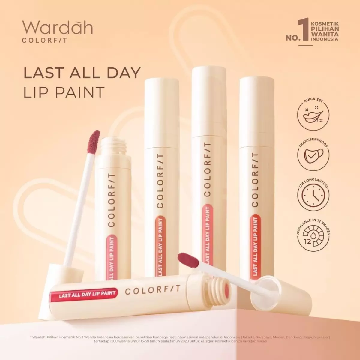 Wardah Colorfit Last All Day Lip Paint merupakan salah satu lipstik produk lokal yang tahan lama.